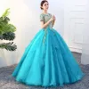 Traditional Jade Green Prom Dresses 2019 Ball Gown Scoop Neck Beading Lace Flower Short Sleeve Backless Floor-Length / Long Formal Dresses