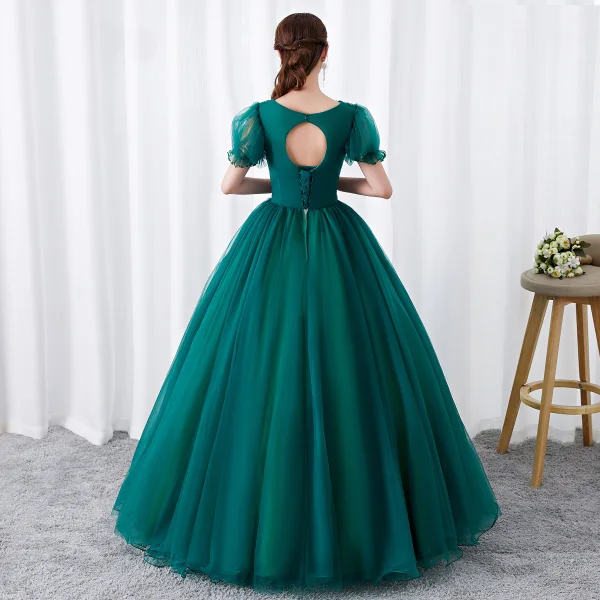 Chic / Beautiful Dark Green Prom Dresses 2019 Ball Gown Scoop Neck Rhinestone Lace Flower Short Sleeve Backless Floor-Length / Long Formal Dresses