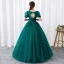 Chic / Beautiful Dark Green Prom Dresses 2019 Ball Gown Scoop Neck Rhinestone Lace Flower Short Sleeve Backless Floor-Length / Long Formal Dresses