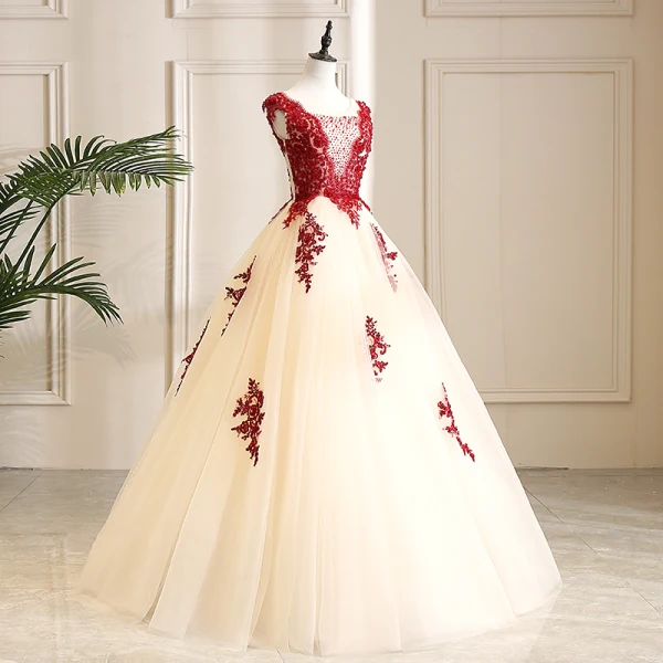 Elegant Champagne Prom Dresses 2019 A-Line / Princess Scoop Neck Beading Crystal Lace Flower Sleeveless Backless Floor-Length / Long Formal Dresses