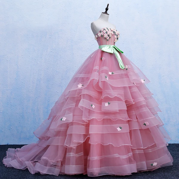 Schöne Pink Ballkleider 2019 Ballkleid Bandeau Schleife Spitze Blumen Ärmellos Rückenfreies Fallende Rüsche Sweep / Pinsel Zug Festliche Kleider