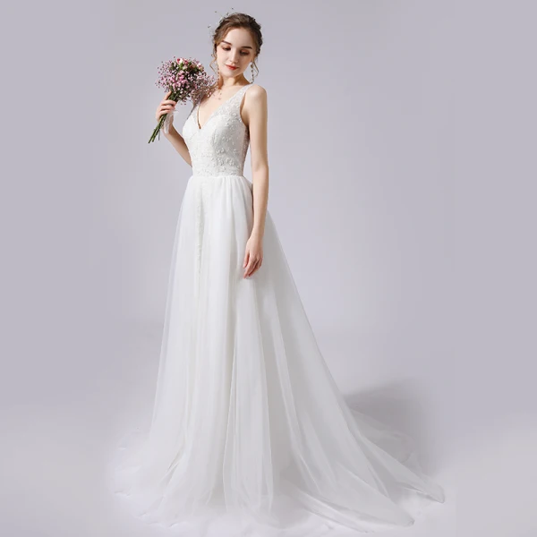 Elegant Ivory Glitter Wedding Dresses 2021 A-Line / Princess Beading V-Neck Sleeveless Backless Sweep Train Wedding