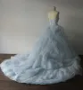Elegant Sky Blue Prom Dresses 2018 Ball Gown Lace Appliques Strapless Backless Cascading Ruffles Sleeveless Chapel Train Formal Dresses