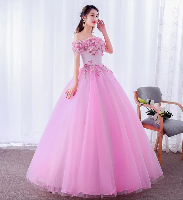 Elegant Candy Pink Prom Dresses 2019 Ball Gown Off-The-Shoulder Pearl Lace Flower Appliques Short Sleeve Backless Floor-Length / Long Formal Dresses