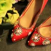 Charming Red Wedding Shoes 2019 Leather Pearl Rhinestone 10 cm Stiletto Heels Pointed Toe Wedding Pumps