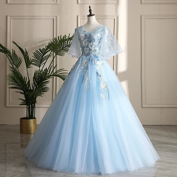 Classy Sky Blue Prom Dresses 2019 A-Line / Princess V-Neck Pearl Sequins Lace Flower Short Sleeve Backless Floor-Length / Long Formal Dresses