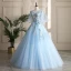 Classy Sky Blue Prom Dresses 2019 A-Line / Princess V-Neck Pearl Sequins Lace Flower Short Sleeve Backless Floor-Length / Long Formal Dresses