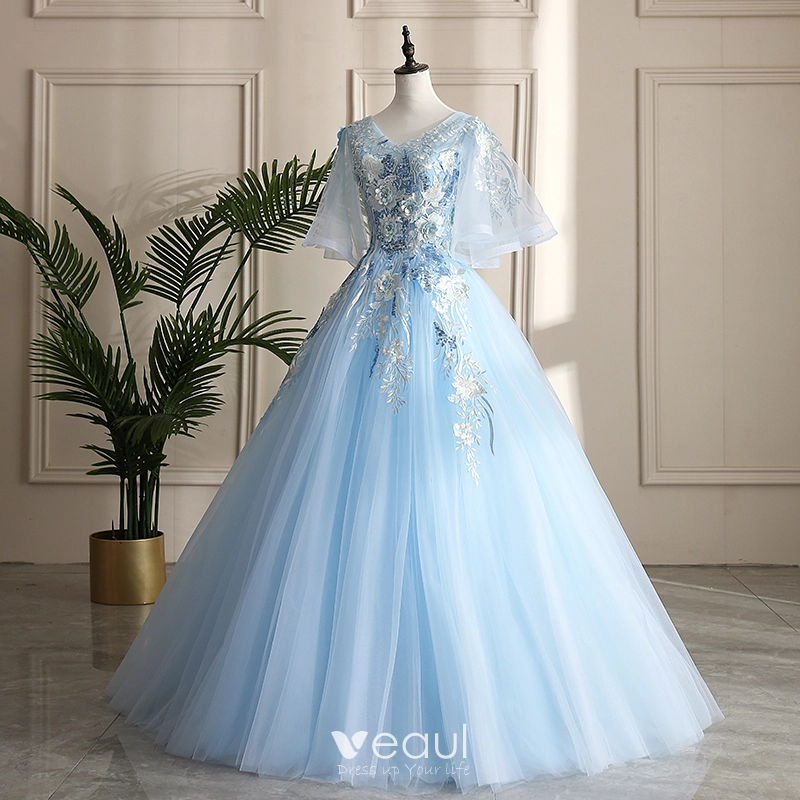 Classy Sky Blue Prom Dresses 2019 A Line Princess V Neck Pearl Sequins Lace Flower Short Sleeve Backless Floor Length Long Formal Dresses