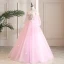 Elegant Candy Pink Prom Dresses 2019 A-Line / Princess Off-The-Shoulder Sequins Lace Flower Appliques 3/4 Sleeve Backless Floor-Length / Long Formal Dresses