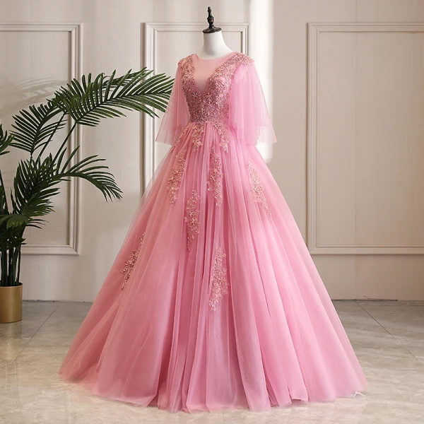 Chic / Belle Rose Bonbon Robe De Bal 2019 Princesse Encolure Dégagée Cristal Perle En Dentelle Fleur 3/4 Manches Longue Robe De Ceremonie
