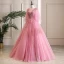 Chic / Belle Rose Bonbon Robe De Bal 2019 Princesse Encolure Dégagée Cristal Perle En Dentelle Fleur 3/4 Manches Longue Robe De Ceremonie