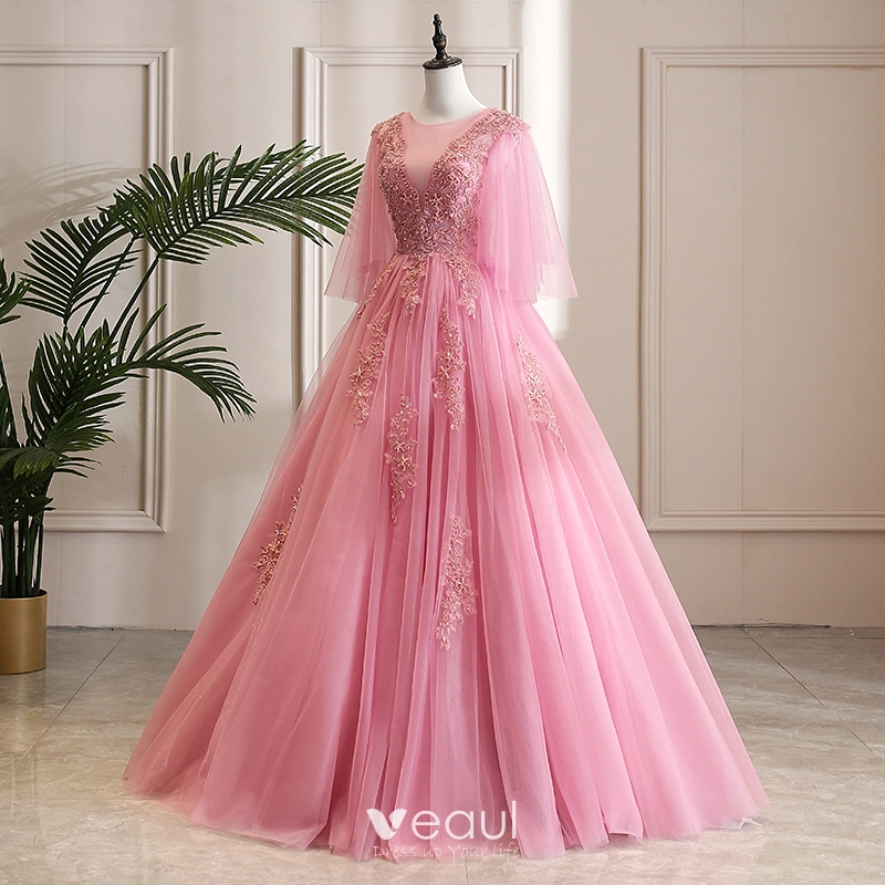 Long sleeve pink prom dress hot sale