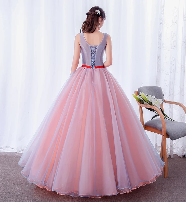 Mode Pink Ballkleider 2019 Ballkleid Applikationen Rundhalsausschnitt Perle Spitze Blumen Schleife Ärmellos Rückenfreies Lange Festliche Kleider