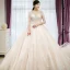 Elegant Champagne Wedding Dresses 2018 Ball Gown Lace Appliques Beading Scoop Neck Backless 3/4 Sleeve Royal Train Wedding
