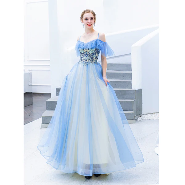 Chic / Beautiful Pool Blue Evening Dresses 2019 A-Line / Princess Spaghetti Straps Beading Lace Flower Short Sleeve Backless Floor-Length / Long Formal Dresses