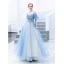 Chic / Beautiful Pool Blue Evening Dresses  2019 A-Line / Princess Spaghetti Straps Beading Lace Flower Short Sleeve Backless Floor-Length / Long Formal Dresses