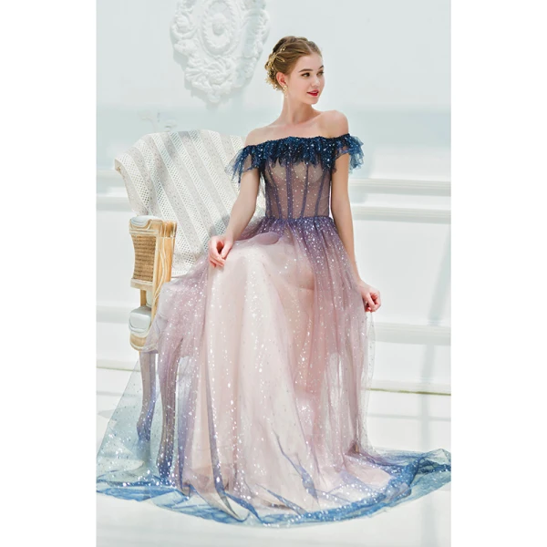 Glitzernden Rosa Abendkleider 2019 A Linie Off Shoulder Star Pailletten Kurze Ärmel Rückenfreies Lange Festliche Kleider