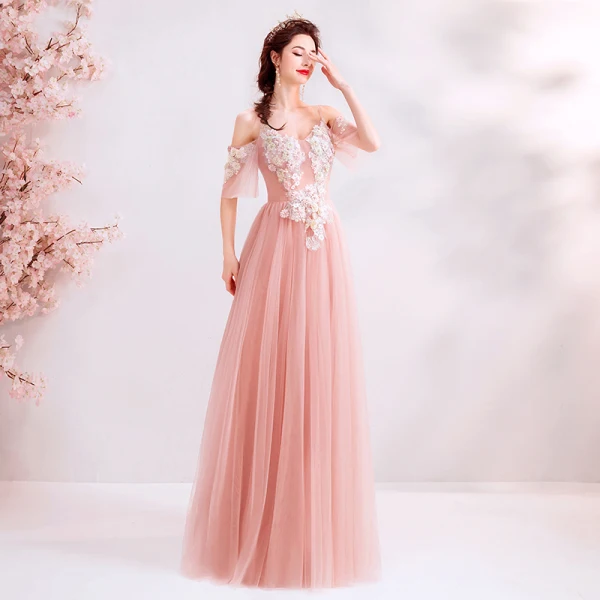 Elegant Pearl Pink Evening Dresses 2019 A-Line / Princess Spaghetti Straps Rhinestone Lace Flower Short Sleeve Backless Floor-Length / Long Formal Dresses