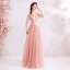 Elegant Pearl Pink Evening Dresses  2019 A-Line / Princess Spaghetti Straps Rhinestone Lace Flower Short Sleeve Backless Floor-Length / Long Formal Dresses