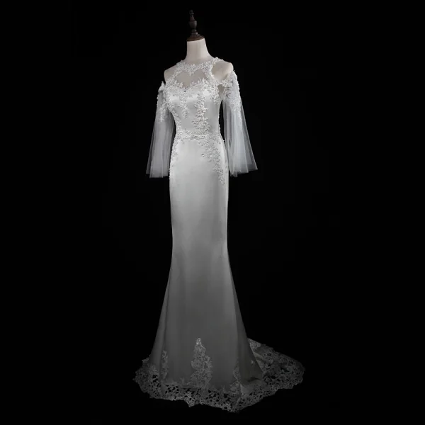 Élégant Ivoire Robe De Mariée 2018 Trompette / Sirène En Dentelle Appliques épaules Dos Nu 3/4 Manches Train De Balayage Mariage