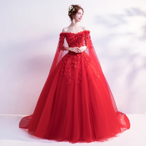 Affordable Red Wedding Dresses 2019 A-Line / Princess Off-The-Shoulder Beading Sequins Appliques Lace Flower Short Sleeve Backless Watteau Train