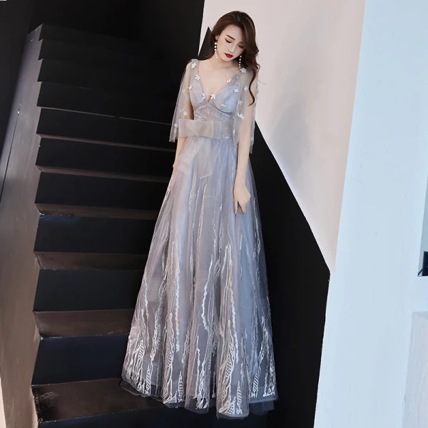 Élégant Gris Robe De Soirée 2019 Princesse V-Cou Noeud En Dentelle Fleur 1/2 Manches Dos Nu Longue Robe De Ceremonie