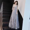 Elegant Grey Evening Dresses  2019 A-Line / Princess V-Neck Bow Lace Flower 1/2 Sleeves Backless Floor-Length / Long Formal Dresses