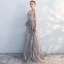Chic / Beautiful Grey Evening Dresses  2019 A-Line / Princess V-Neck Bow Lace Flower 1/2 Sleeves Backless Sweep Train Formal Dresses