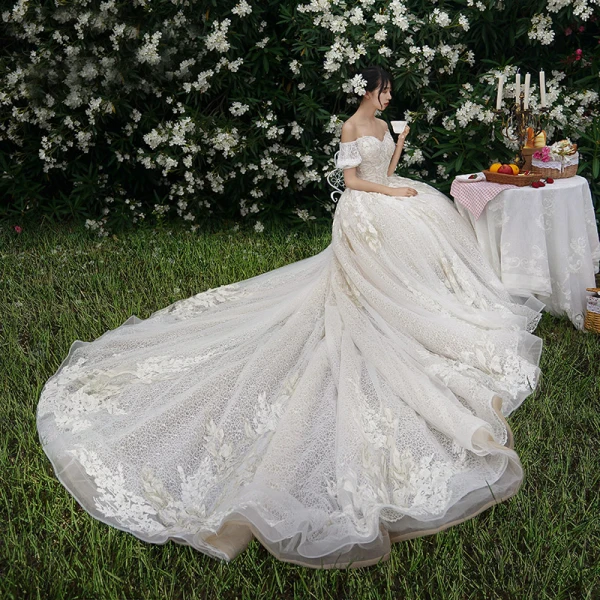 High-end Champagne Wedding Dresses 2019 A-Line / Princess Off-The-Shoulder Beading Lace Flower Short Sleeve Backless Cathedral Train