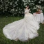 High-end Champagne Wedding Dresses 2019 A-Line / Princess Off-The-Shoulder Beading Lace Flower Short Sleeve Backless Cathedral Train
