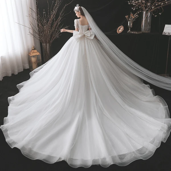 Edles Weiß Brautkleider / Hochzeitskleider 2021 Ballkleid Eckiger Ausschnitt Perlenstickerei Perle Pailletten Applikationen Kurze Ärmel Rückenfreies Schleife Königliche Schleppe Hochzeit