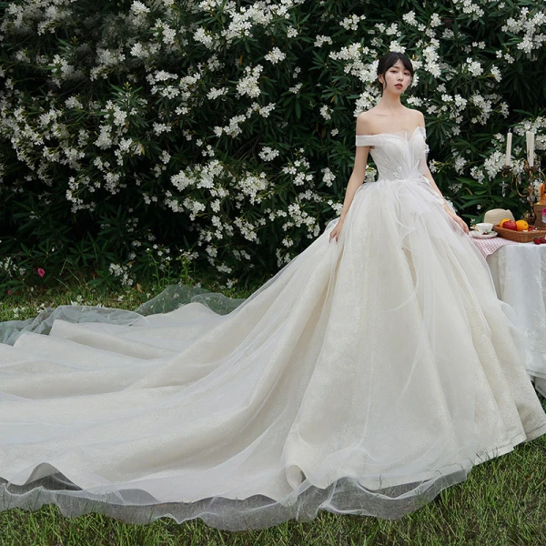 High-end Champagne Wedding Dresses 2019 Ball Gown Off-The-Shoulder Lace Flower Sleeveless Backless Royal Train