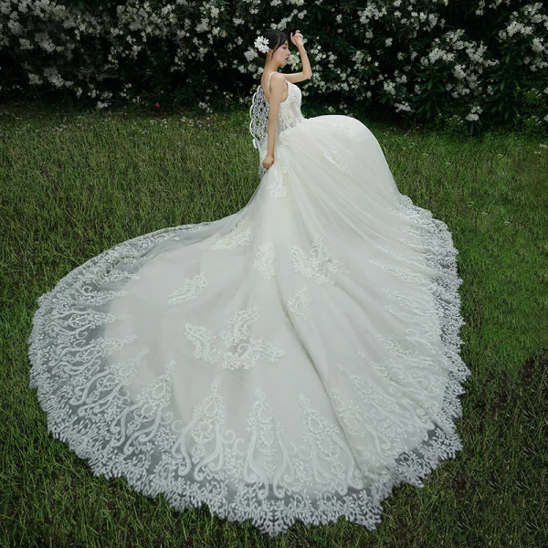 Schöne Champagner Brautkleider / Hochzeitskleider 2019 A Linie Spaghettiträger Perlenstickerei Strass Spitze Blumen Ärmellos Rückenfreies Kathedrale Schleppe