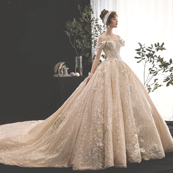 Luxury / Gorgeous Champagne Wedding Dresses 2019 Ball Gown Off-The-Shoulder Beading Tassel Pearl Crystal Lace Flower Rhinestone Sequins Short Sleeve Backless Cathedral Train