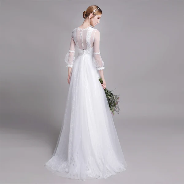 Modest / Simple White Beach Wedding Dresses 2019 A-Line / Princess Scoop Neck Pearl Lace Flower 3/4 Sleeve Floor-Length / Long