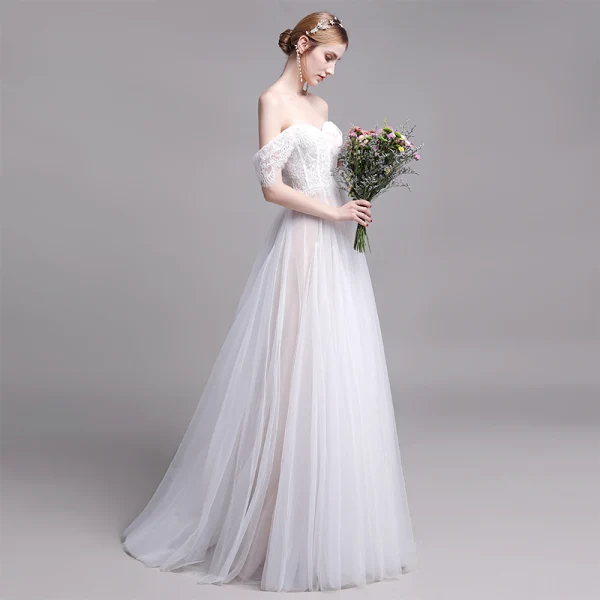 Chic / Beautiful White Beach Wedding Dresses 2019 A-Line / Princess Off-The-Shoulder Lace Flower Short Sleeve Backless Floor-Length / Long