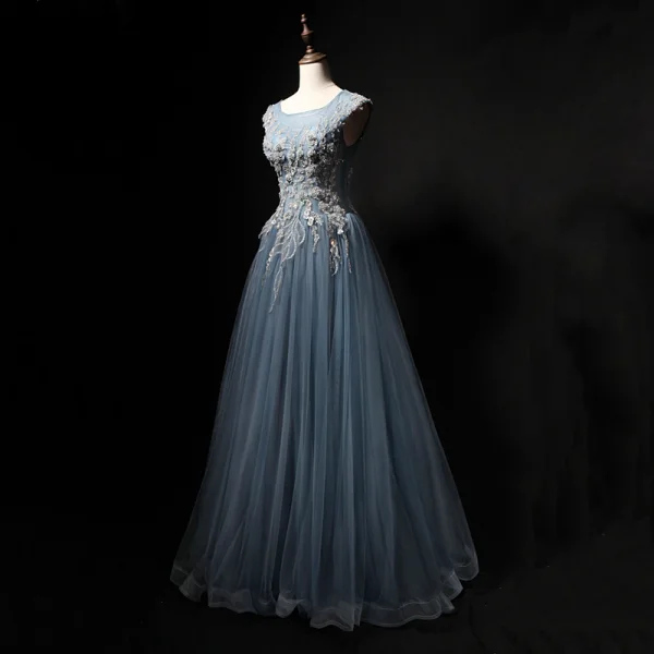 Chic / Belle Gris Bleu Ciel Robe De Bal 2018 Princesse Fait main Perlage Perle Cristal Paillettes Appliques Encolure Dégagée Dos Nu Sans Manches Longue Robe De Ceremonie