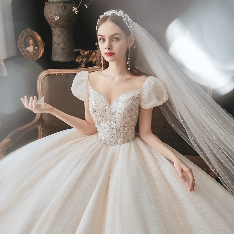 Charming Fashion Champagne Beading Sequins Wedding Dresses 2021 Ball Gown Scoop Neck Charming Fashion Champagne Beading Sequins Wedding Dresses 2021 Ball Gown Scoop Neck