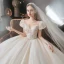 Charming Fashion Champagne Beading Sequins Wedding Dresses 2021 Ball Gown Scoop Neck Appliques Short Sleeve Backless Royal Train Wedding