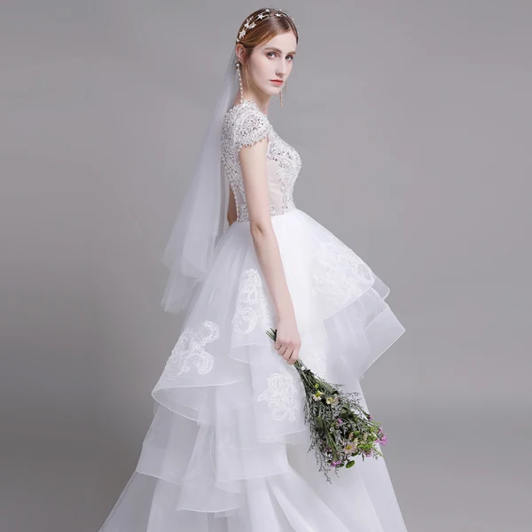 High End Weiß Brautkleider / Hochzeitskleider 2019 A Linie Rundhalsausschnitt Handgefertigt Perlenstickerei Perle Spitze Blumen Pailletten Kurze Ärmel Fallende Rüsche Hof-Schleppe