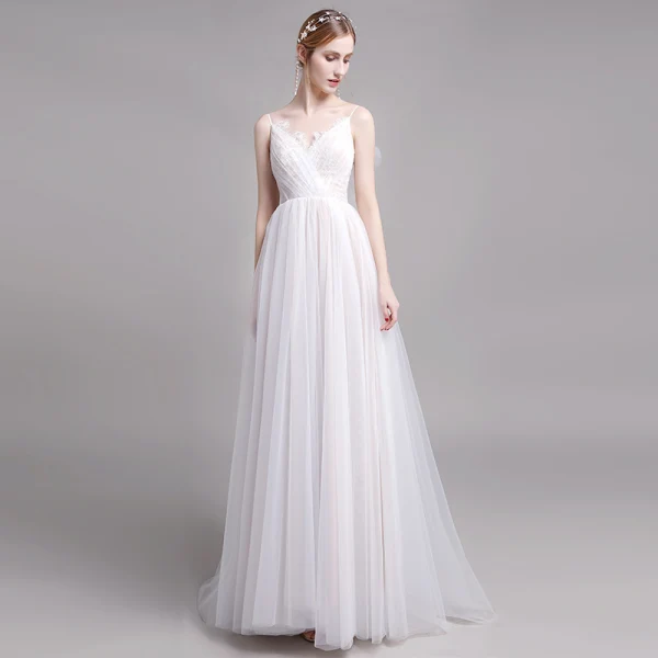 Chic / Belle Champagne Plage Robe De Mariée 2019 Princesse Bretelles Spaghetti En Dentelle Fleur Sans Manches Dos Nu Train De Balayage