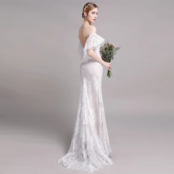 Chic / Belle Champagne Plage Robe De Mariée 2019 Trompette / Sirène De l'épaule En Dentelle Fleur Manches Courtes Dos Nu Train De Balayage