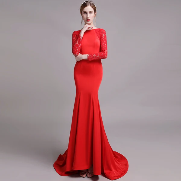 Chic Couleur Unie Rouge Robe De Soirée 2019 Trompette / Sirène Encolure Dégagée En Dentelle Fleur Manches Longues Train De Balayage Robe De Ceremonie