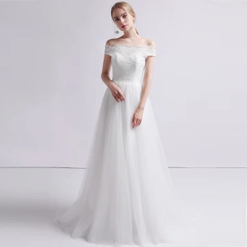 Classy White Wedding Dresses 2019 A Line Princess Off The Shoulder Pearl Lace Flower Sleeveless Backless Sweep Train