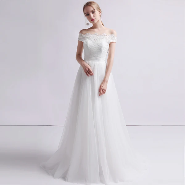 Edles Weiß Brautkleider / Hochzeitskleider 2019 A Linie Off Shoulder Perle Spitze Blumen Ärmellos Rückenfreies Sweep / Pinsel Zug