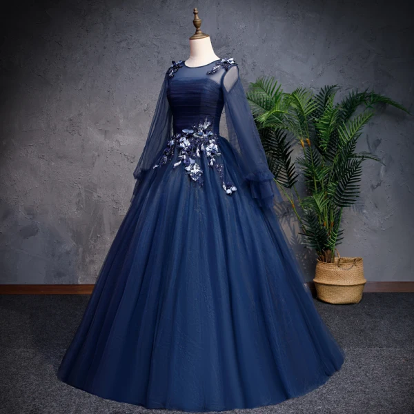 Vintage / Retro Navy Blue Prom Dresses 2019 A-Line / Princess Scoop Neck Beading Appliques Lace Flower Long Sleeve Backless Floor-Length / Long Formal Dresses