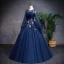 Vintage / Retro Navy Blue Prom Dresses 2019 A-Line / Princess Scoop Neck Beading Appliques Lace Flower Long Sleeve Backless Floor-Length / Long Formal Dresses