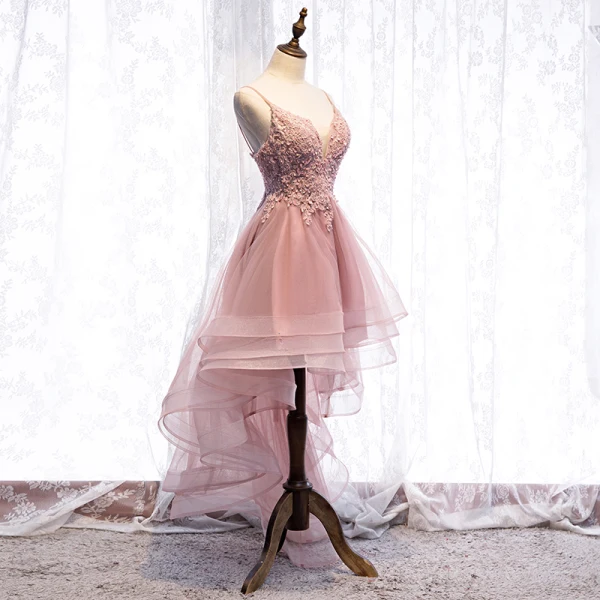 Chic / Belle Perle Rose Robe De Cocktail 2019 Princesse Bretelles Spaghetti Perlage Paillettes En Dentelle Fleur Sans Manches Dos Nu Asymétrique Robe De Ceremonie