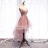 Chic / Beautiful Pearl Pink Cocktail Dresses 2019 A-Line / Princess Spaghetti Straps Beading Sequins Lace Flower Sleeveless Backless Asymmetrical Formal Dresses