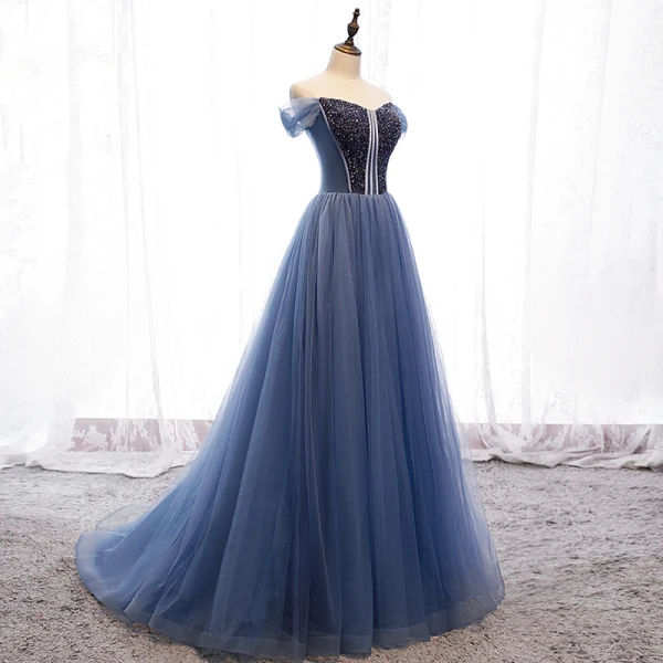 Edles Meeresblau Abendkleider 2019 A Linie Off Shoulder Perlenstickerei Kristall Ärmellos Rückenfreies Sweep / Pinsel Zug Festliche Kleider